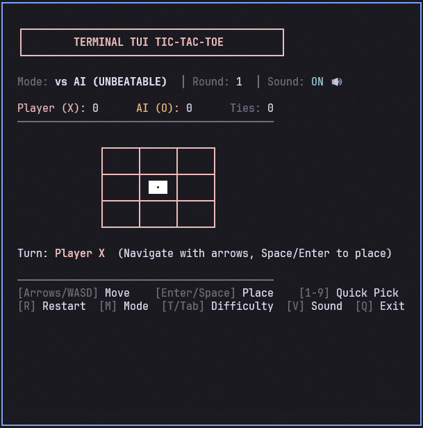 Terminal Tic-Tac-Toe with the unbeatable AI mode active, showing the game board, scores, and keyboard controls.
